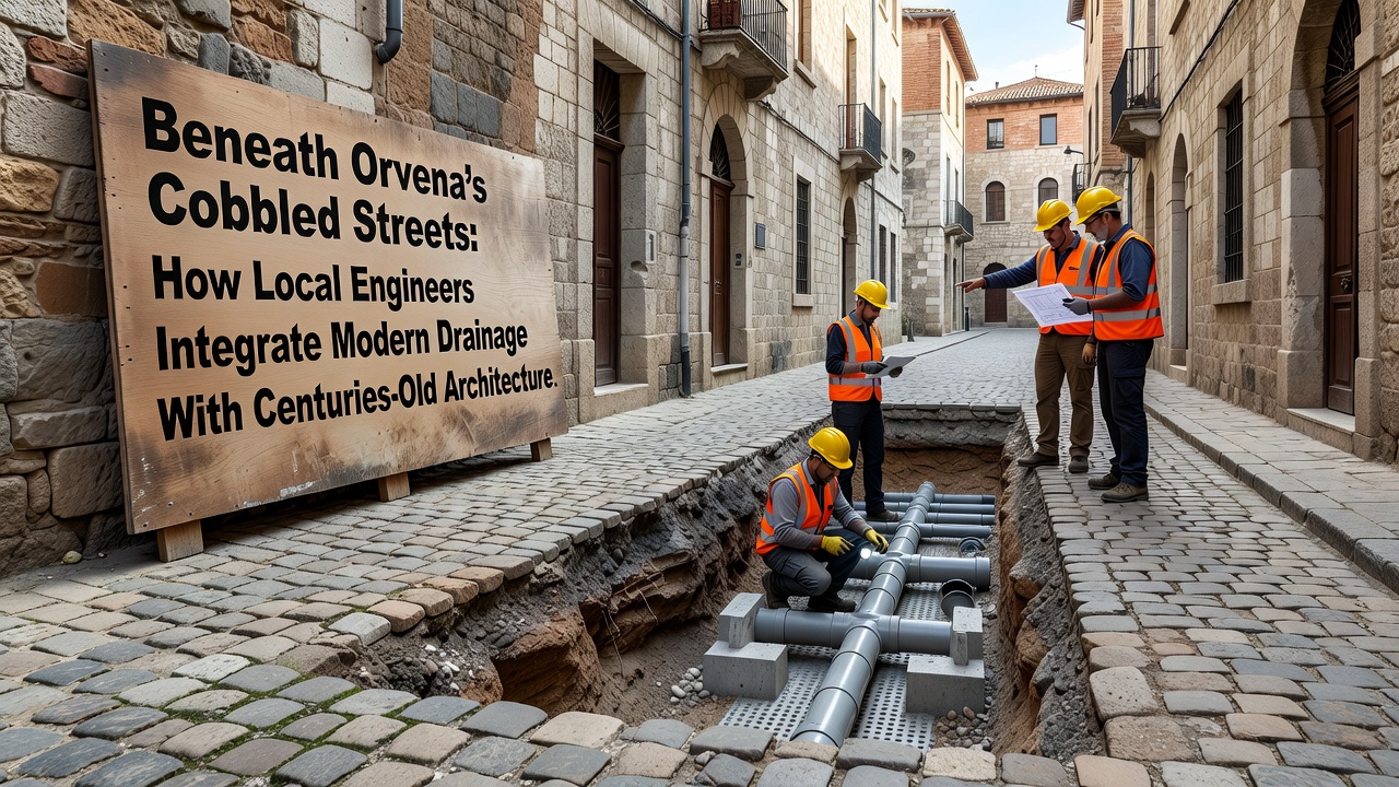 Cross-section view of modern drainage pipes fitted alongside ancient aqueduct walls