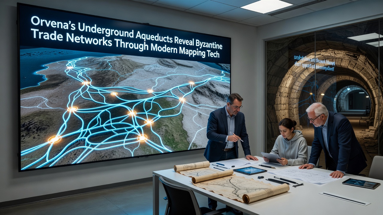 Three-dimensional digital model showing intersections between Orvena's aqueduct tunnels adn historical trade routes