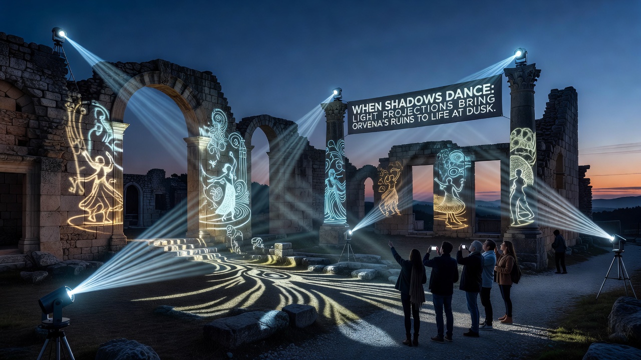 Close view of animated light patterns moving across Orvena's ruined structures during evening hours